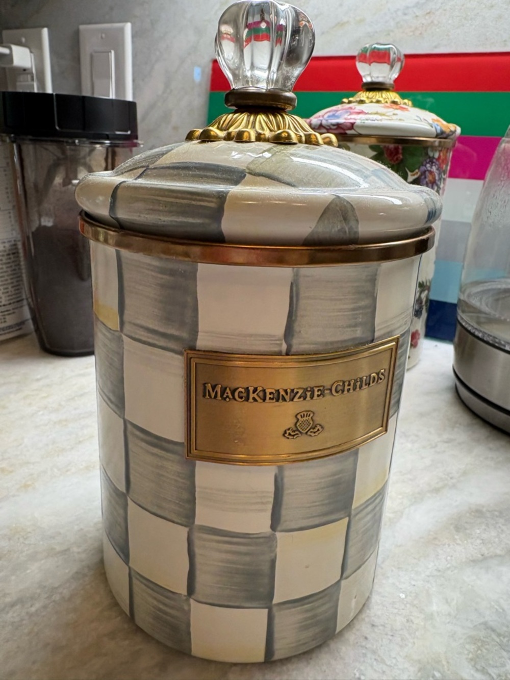 MacKenzie-Childs Gray and White Courtly Check Canister with Gold Plaque